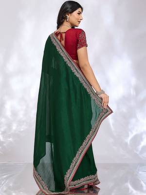 green embellished embroidered silk blend heavy work saree 3