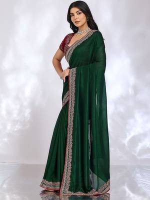 green embellished embroidered silk blend heavy work saree 4