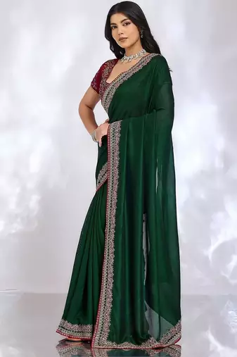 green embellished embroidered silk blend heavy work saree