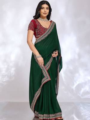 green embellished embroidered silk blend heavy work saree 5