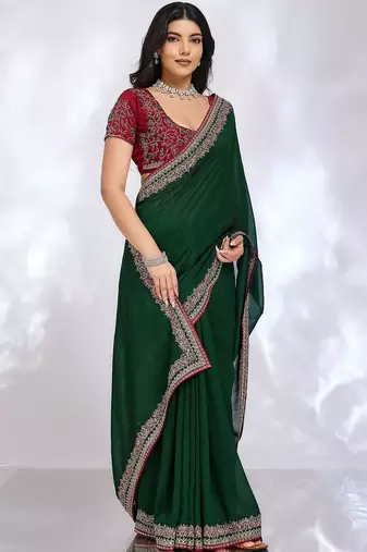 green embellished embroidered silk blend heavy work saree