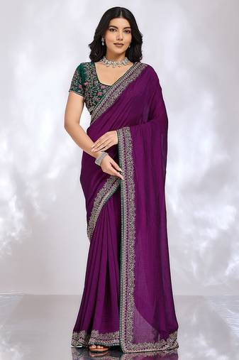 purple embellished embroidered silk blend heavy work saree