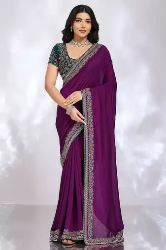 purple embellished embroidered silk blend heavy work saree