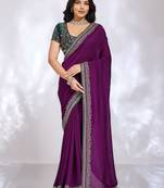 purple embellished embroidered silk blend heavy work saree
