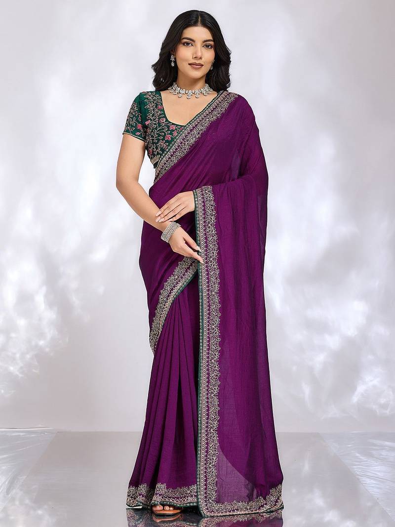 purple embellished embroidered silk blend heavy work saree