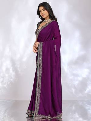 purple embellished embroidered silk blend heavy work saree 2