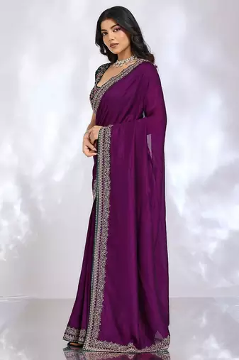 purple embellished embroidered silk blend heavy work saree