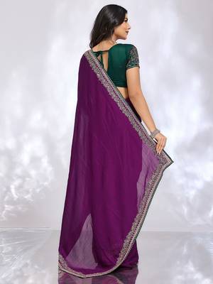purple embellished embroidered silk blend heavy work saree 3