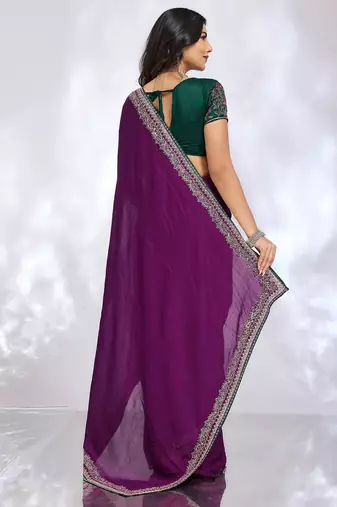 purple embellished embroidered silk blend heavy work saree