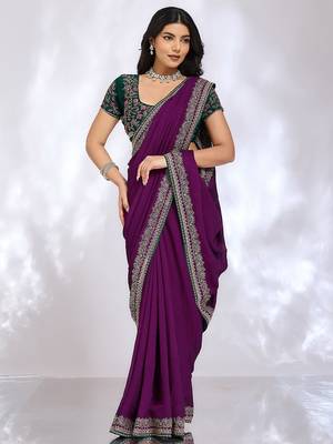 purple embellished embroidered silk blend heavy work saree 4