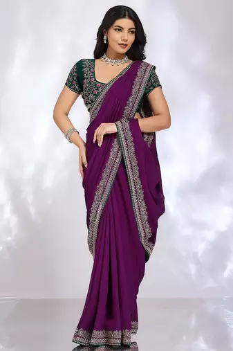 purple embellished embroidered silk blend heavy work saree