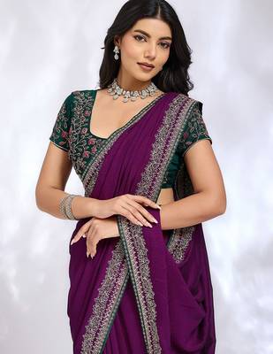 purple embellished embroidered silk blend heavy work saree 5