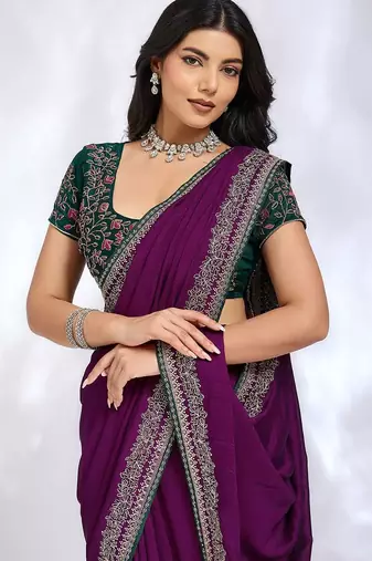 purple embellished embroidered silk blend heavy work saree