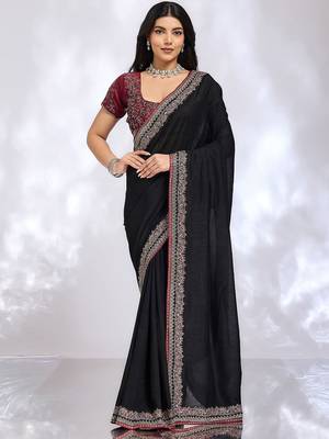 black ethnic motifs embroidered silk blend heavy work saree 1