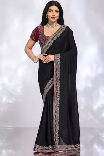 black ethnic motifs embroidered silk blend heavy work saree
