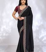black ethnic motifs embroidered silk blend heavy work saree