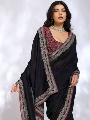 black ethnic motifs embroidered silk blend heavy work saree 2