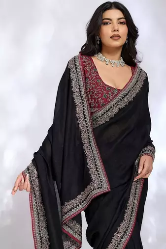 black ethnic motifs embroidered silk blend heavy work saree