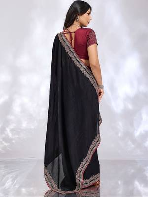 black ethnic motifs embroidered silk blend heavy work saree 3