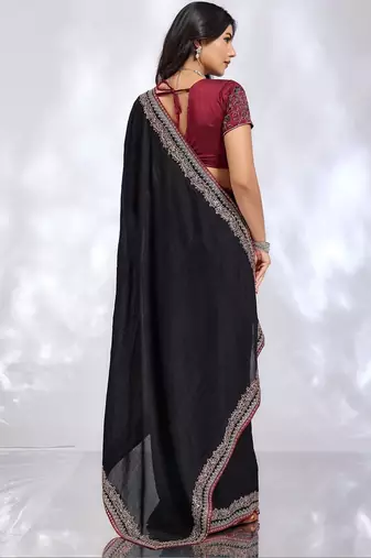black ethnic motifs embroidered silk blend heavy work saree