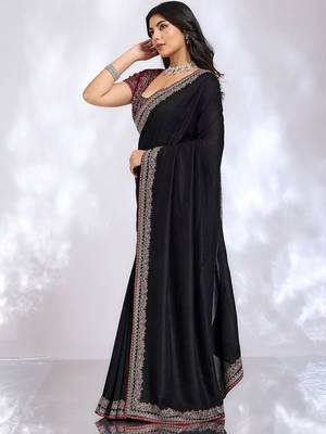 black ethnic motifs embroidered silk blend heavy work saree 4