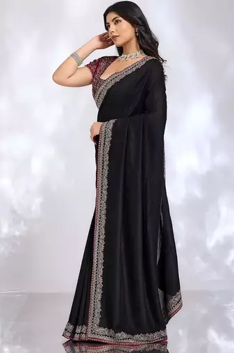 black ethnic motifs embroidered silk blend heavy work saree