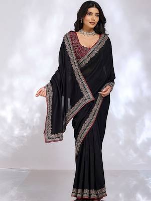 black ethnic motifs embroidered silk blend heavy work saree 5