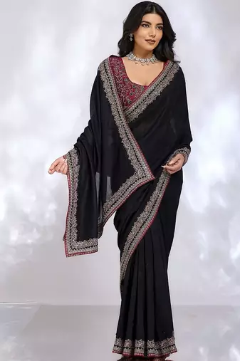 black ethnic motifs embroidered silk blend heavy work saree