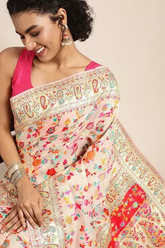 white white & pink ethnic motifs woven design saree