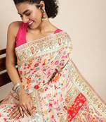 white white & pink ethnic motifs woven design saree