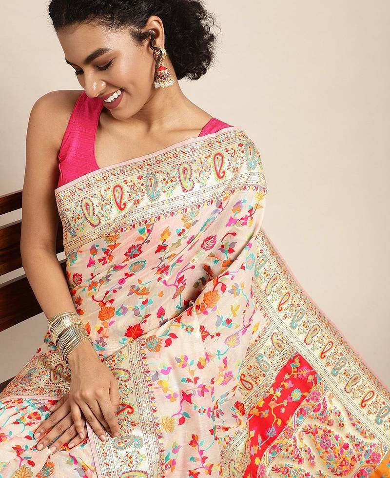 white white & pink ethnic motifs woven design saree