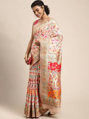 white white & pink ethnic motifs woven design saree 2