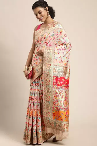 white white & pink ethnic motifs woven design saree