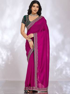 magenta embellished embroidered silk blend heavy work saree 1