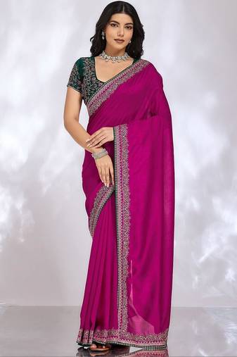 magenta embellished embroidered silk blend heavy work saree