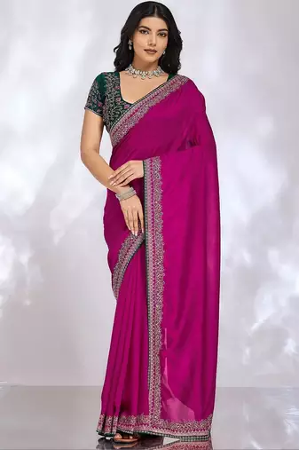 magenta embellished embroidered silk blend heavy work saree
