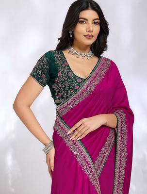 magenta embellished embroidered silk blend heavy work saree 2