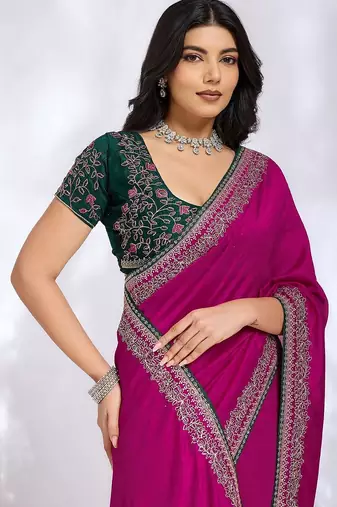 magenta embellished embroidered silk blend heavy work saree
