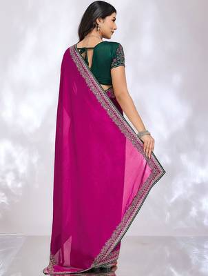 magenta embellished embroidered silk blend heavy work saree 3