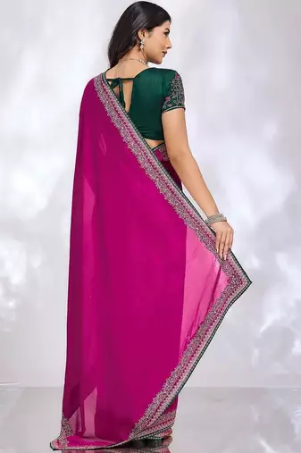 magenta embellished embroidered silk blend heavy work saree
