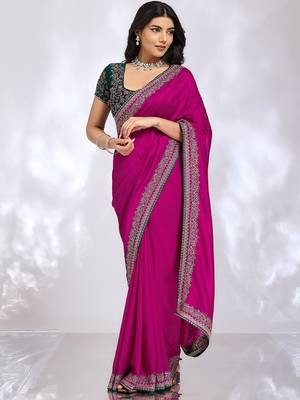 magenta embellished embroidered silk blend heavy work saree 4