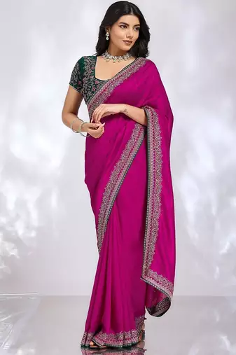 magenta embellished embroidered silk blend heavy work saree