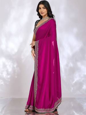 magenta embellished embroidered silk blend heavy work saree 5