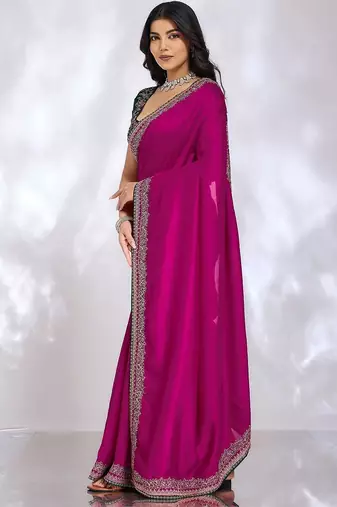 magenta embellished embroidered silk blend heavy work saree