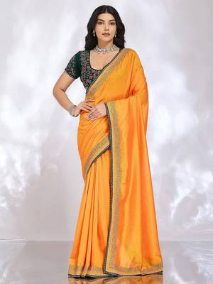 yellow floral embroidered silk blend heavy work saree 1