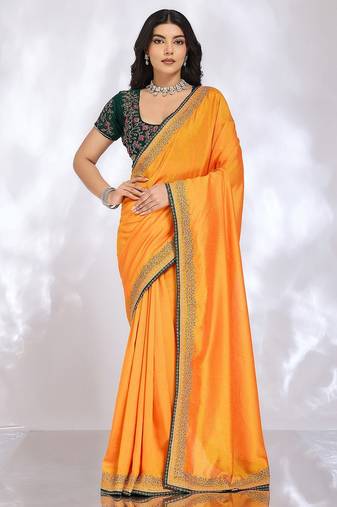 yellow floral embroidered silk blend heavy work saree