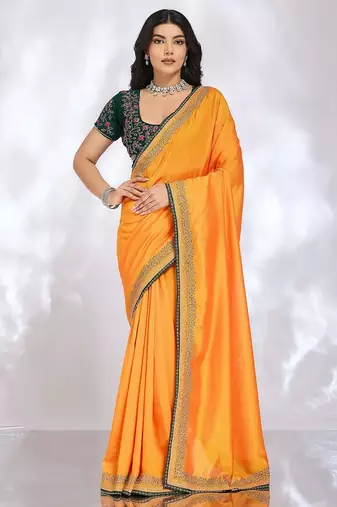 yellow floral embroidered silk blend heavy work saree