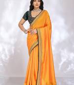 yellow floral embroidered silk blend heavy work saree
