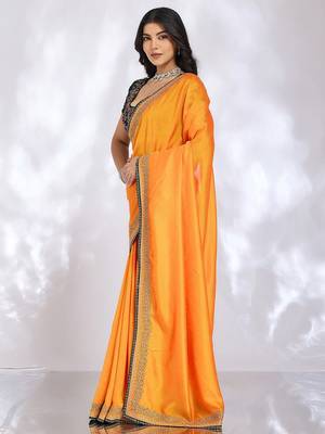 yellow floral embroidered silk blend heavy work saree 2