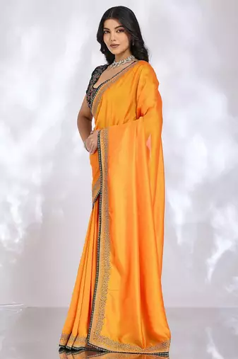 yellow floral embroidered silk blend heavy work saree